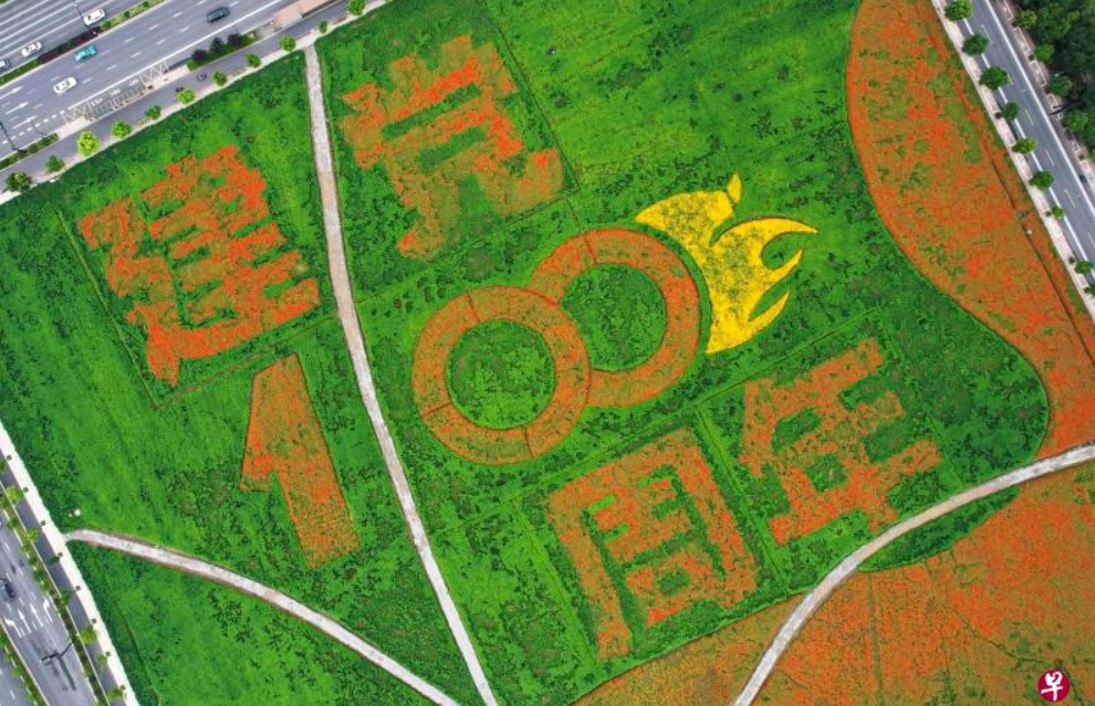 杭州草坪花卉拼出建党100周年纪念