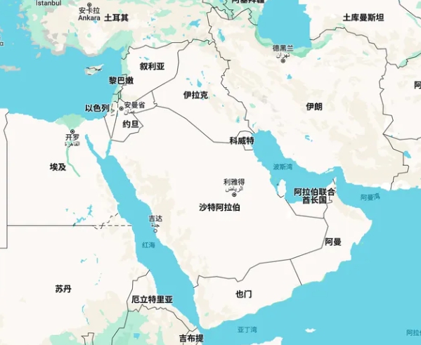 以色列与週边中东国家地理位置图